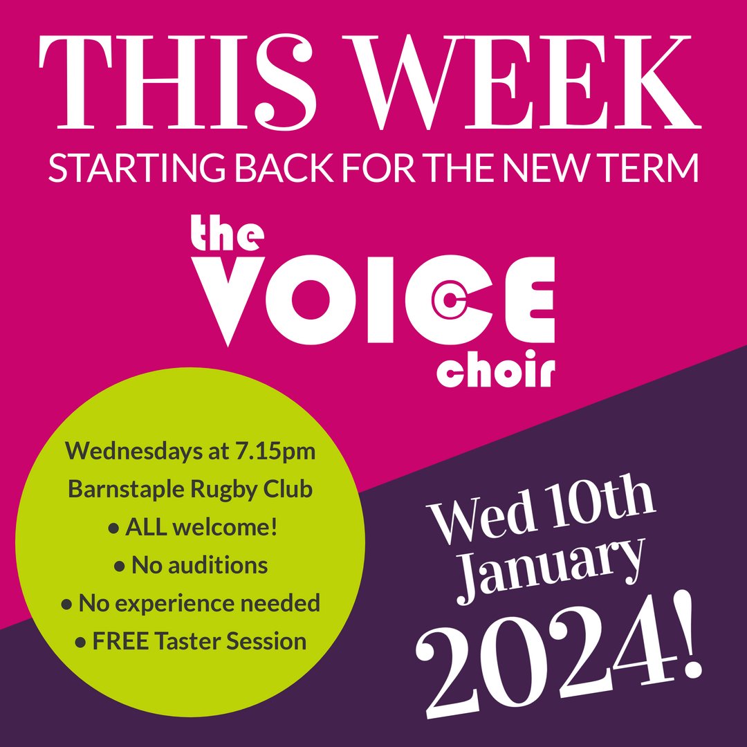 TheVoiceChoir's tweet photo. WANT TO TRY SOMETHING DIFFERENT IN 2024?
Join us this week for more fun, friendship and singing! 
Starting back on Wednesday 10th January - 7.15pm Barnstaple Rugby Club
No experience necessary and every voice is welcome!
👉 https://t.co/MZocSGZYgv
#Barnstaple #NorthDevon #NewYear https://t.co/JdrInxuGbF