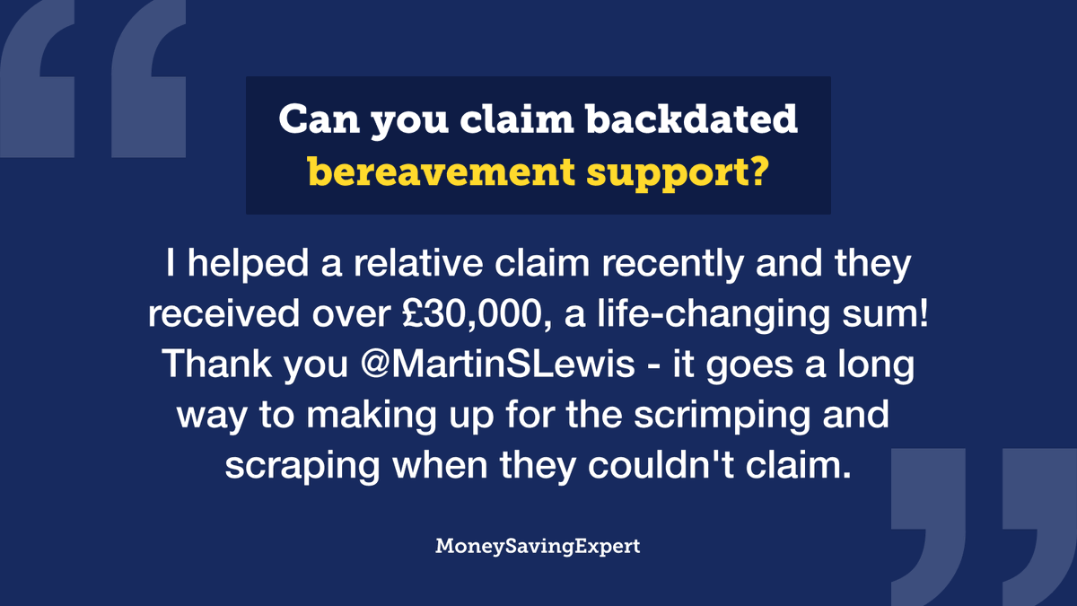 Urgent. Please spread the word.

If your partner dies before you reach state pension age, you may be due £10,000s in bereavement support payments.

But you only have until 8 February 2024 to claim this backdated support, so check NOW ⬇️

moneysavingexpert.com/family/bereave…