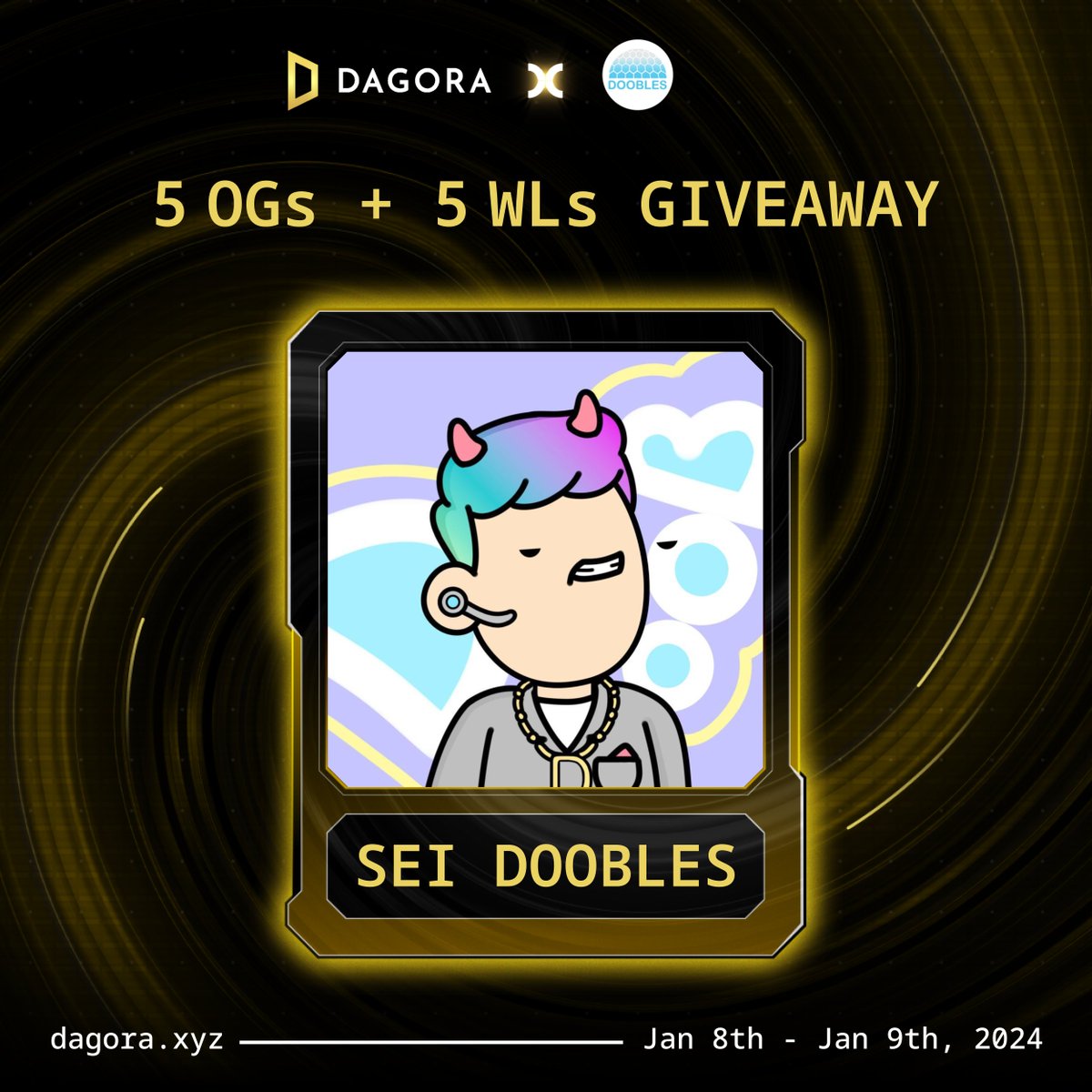 Ding ding ding! Opportunity is calling in Doobles' world🔔

We're giving away 5 OG &amp; 5 WL slots to lucky winners!

To enter:
- Follow <a href="/DooblesNFT/">Sei Doobles 🌈(OG FREE MINT)</a> &amp; <a href="/dagora_sei/">Dagora on Sei🚢</a>
- Like &amp; RT this post
- Comment your Sei Wallet address + Discord Username

⏰ Jan 8 - 9, 2024

Let's start the fun now!