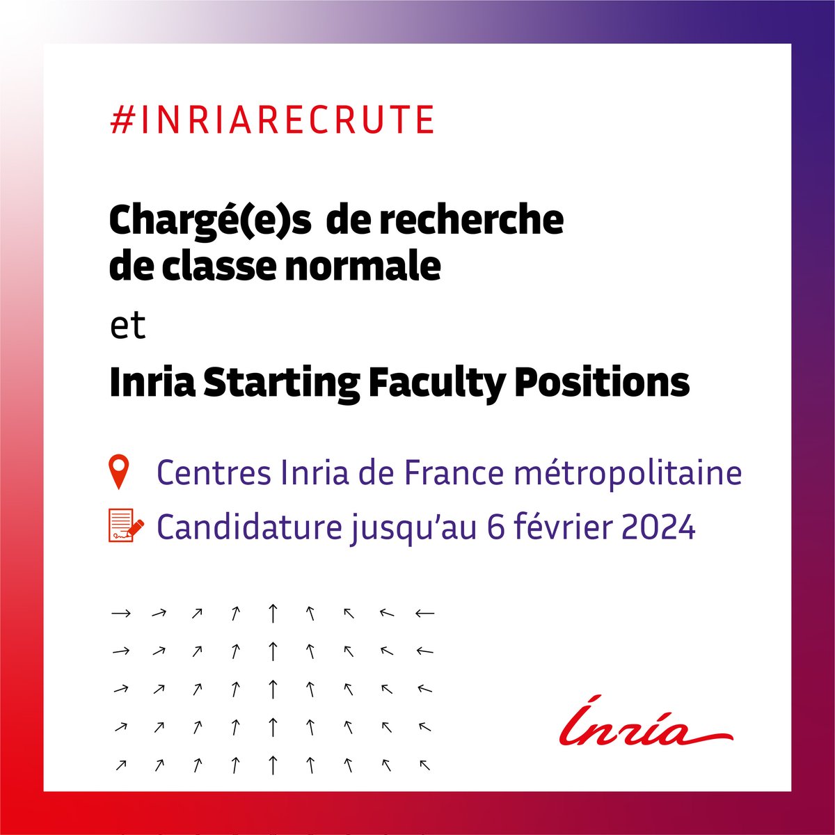 [#recrutement] <a href="/Inria/">Inria</a> recrute de jeunes chercheurs et chercheuses dans ses différents centres, partout en France. 🙋‍♀️🙋‍♂️

➕Découvrez nos offres et postulez jusqu'au 6 février 2024 : inria.fr/fr/recrutement…