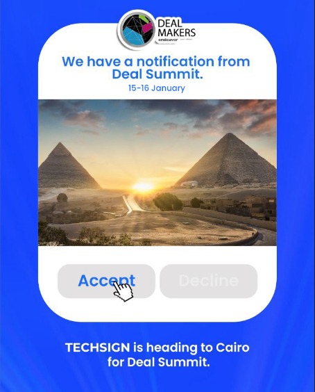 Excited news from Techsign! We are ready for the first event of 2024! Techsign will be in Cairo from 14 to 16 January. If you want to meet there, just DM us! #techsign #kyc #knowyourcustomer #cairo #dealmakers #endeavor #startup #egypt