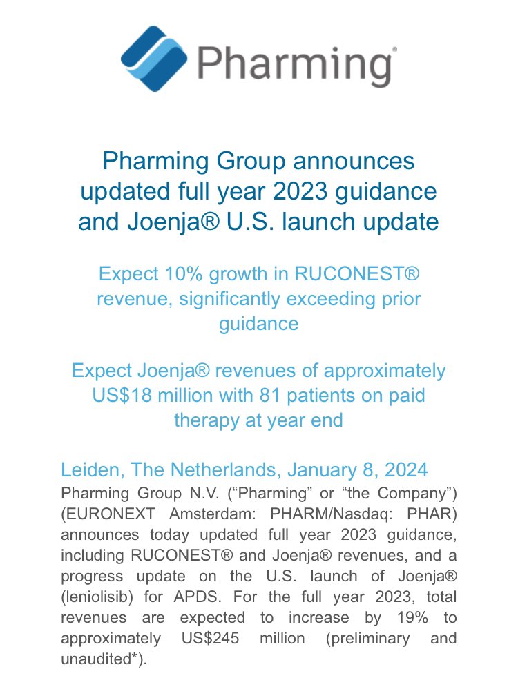 PharmingForum's tweet photo. Pharming Group announces updated full year 2023 guidance and Joenja® U.S. launch update
$PHAR https://t.co/MnKnFgeJgx