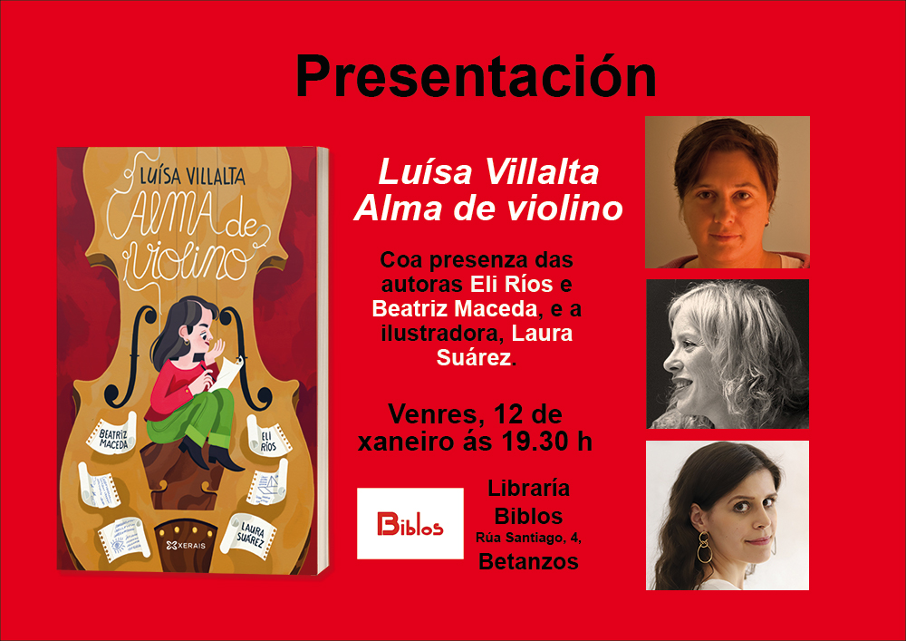 📚A libraría Biblos de Betanzos acolle este venres a presentación de 'Luísa Villalta, alma de violino'. Con @_Eli_Rios_, @xafoi e Laura Suárez.