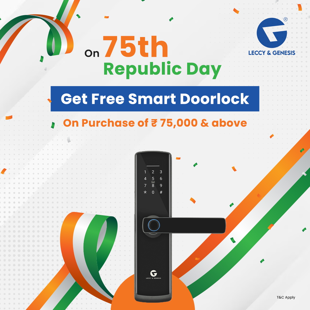 Upgrade your home security with our Republic Day Sale! Spend 75,000 or more and receive a complimentary smart door lock. Secure your space today! 🔒🏠 

Shop now : leccygenesis.com

#urjasmartautomation #leccygenesis #smarthomeautomations #republicday #republicdaysale