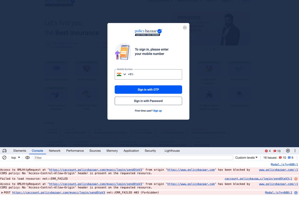 lit_himanshu's tweet photo. No-one is safe from CORS errors. 

@policybazaar @PBHelpDesk Maybe check your login flow before deploying to production. https://t.co/9U8OIk2o2N