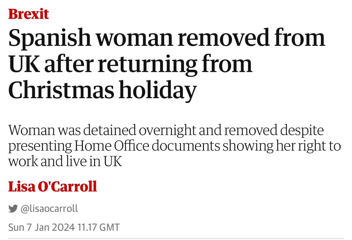 A 34-year-old Spanish woman was forcibly removed from 🇬🇧 after returning from a Christmas holiday near Málaga despite presenting Brexit paperwork to border officials showing she has a right to live and work in the country.

She was flown back to Spain after being detained