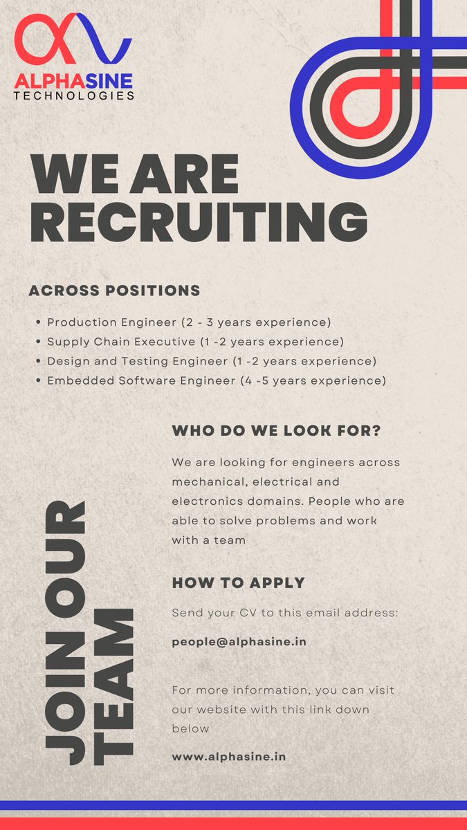 alphasinetech's tweet photo. We are hiring!!

There are several positions open for our Lucknow location. We are looking for mechanical, electrical and electronics engineers who are passionate about hardware and manufacturing! 

Interested can apply at people@alphasine.in

#hiring #startup #ev #manufacturing https://t.co/AA3fdMmro2