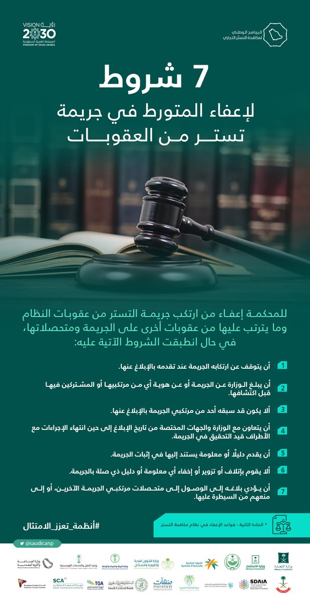 7 شروط لإعفاء المتورط في جريمة تستر من العقوبات.

#نظام_مكافحة_التستر
#أنظمة_تعزز_الامتثال