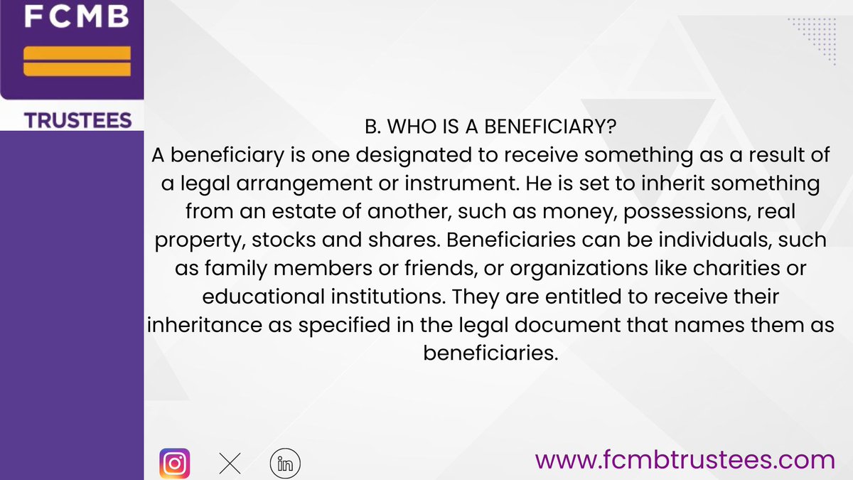 fcmbtrustees's tweet photo. Welcome to the first working Monday of the year๐๐
We are back sharing educative publications about Estate Planning.
This month, we are dissecting the role of a Next-of-kin and beneficiary in Estate Planning, please sit back and enjoy!
#estateplanning
#fcmbtrustees https://t.co/gLjBNHrjFm