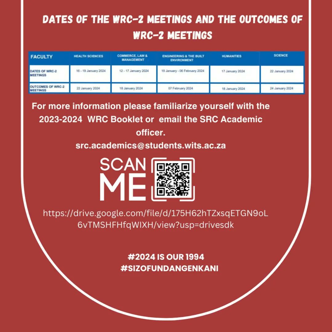 Wits_SRC's tweet photo. Attention  Witsies 
Please see the poster below regarding the  WRC-2 SRC Prep
Below is the link to access the 2023-2024 WRC Booklet 
https://t.co/gt5vEj6eJD

#2024isour1994
#sizofundangenkani https://t.co/TZ9CRbTxFf