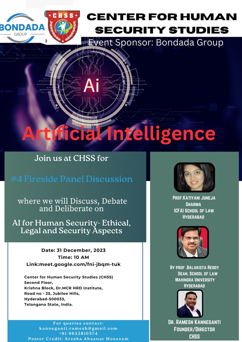 CHSS_21's tweet photo. 4th FireSide Chat on AI-Human security -Ethical - Legal &amp; Security Aspects with Prof. Katyani Juneja Sharma ICFAI School of Law Hyderabad , https://t.co/gnfiCBAaqN.Balakista Reddy Dean,School of Law Mahindra University Hyderabad,Dr.Ramesh Kanneganti CHSS. https://t.co/Y4TdpyX1Sp