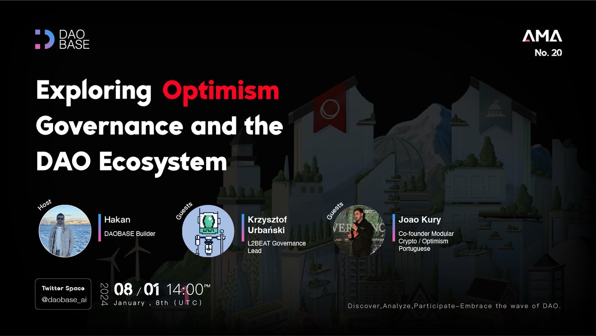 AMA Alert! 🎉 We've just integrated @Optimism governance and its DAO ecosystem on @daobase_ai last week. To explore more, we're hosting a special session with some OGs from the ecosystem @kaereste @cripto_nita_. They'll be sharing insights on: 🌈 Perspectives on Layer2 summer…