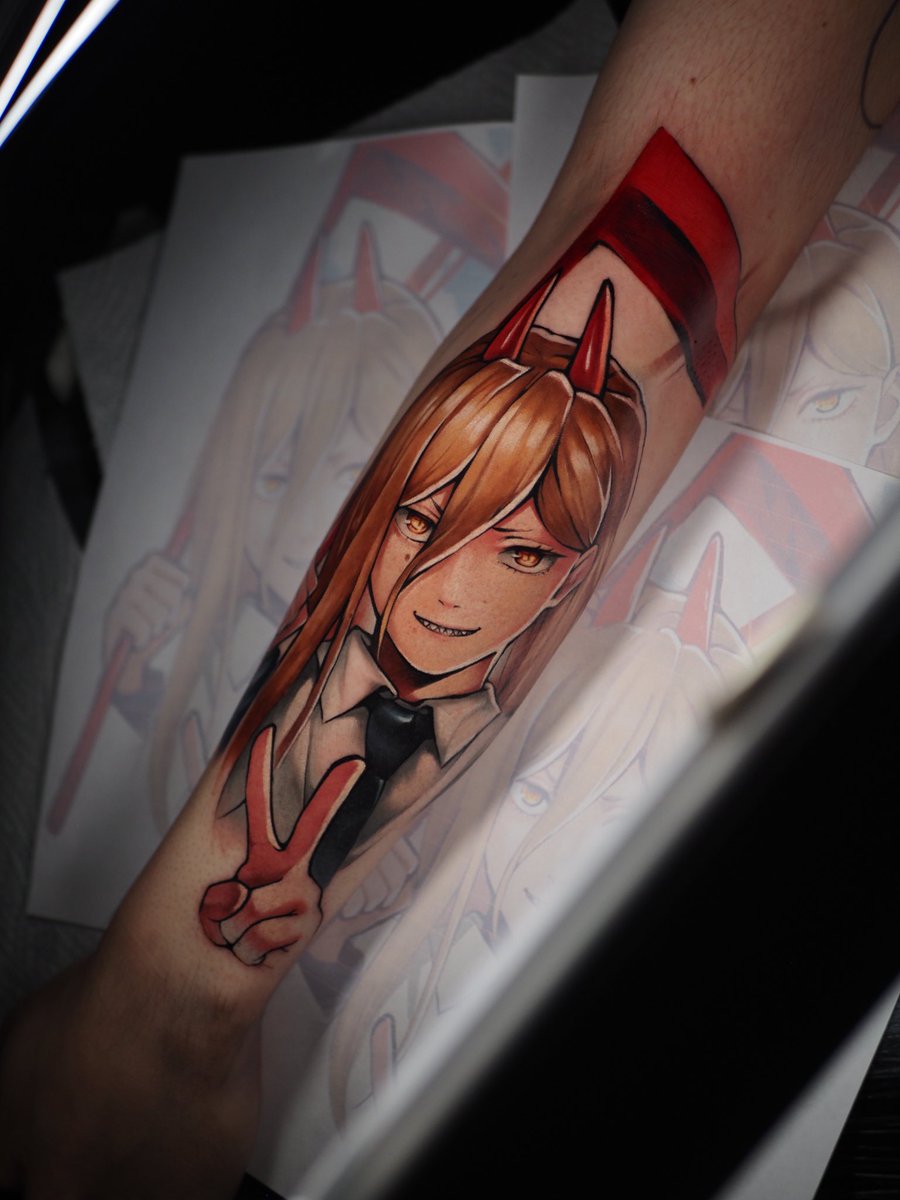 MottyTattoo's tweet photo. My name is Power 🩸 

IG: motty_tattoo

 #mottytattoo #animetattoo #colourtattoo #geektattoo #chainsawman #power #reze https://t.co/00xUaExaYb