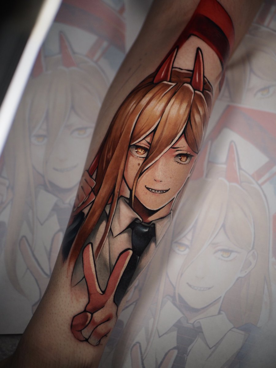 MottyTattoo's tweet photo. My name is Power 🩸 

IG: motty_tattoo

 #mottytattoo #animetattoo #colourtattoo #geektattoo #chainsawman #power #reze https://t.co/00xUaExaYb