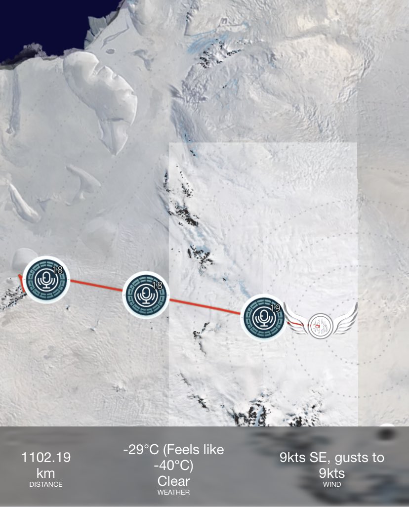 antarctic_fire's tweet photo. DAY 48:
G&amp;B showed real grit skiing 11 hours to get their 28km target today. 
They’re in high spirits and excited to cross the final threshold into the final degree on day 49.
4 days and 136km to go!

To listen to their voice blog via the tracker app:
https://t.co/HZB89zwjXK https://t.co/jBpfR1DtJY