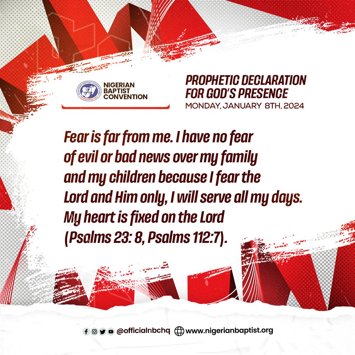 OfficialNBCHQ's tweet photo. I declare; fear is far from me. I have no fear of evil or bad news over my family and my children because I fear the Lord and Him only, I will serve all my days. My heart is fixed on the Lord.

#prayer #NigerianBaptistConvention #baptistfamily https://t.co/sAEvAPyUyb