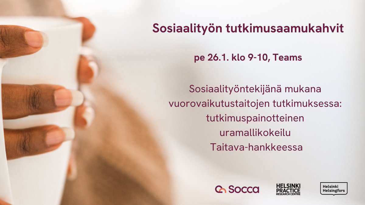 Sosiaalityön ammattilainen: Sosiaalityön tutkimusaamukahvit jatkuvat pe 26.1. klo 9-10.

Teemana on: Sosiaalityöntekijänä mukana vuorovaikutustaitojen tutkimuksessa: tutkimuspainotteinen uramallikokeilu Taitava- hankkeessa.

socca.fi/tapahtumat?e=3…

#sosiaalityö #tutkimus