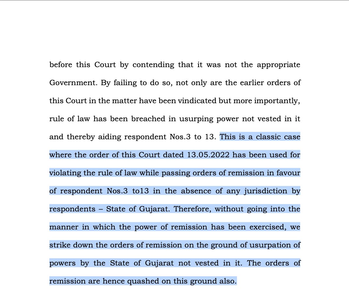 #SupremeCourt says the State of Gujarat acted in tandem and complicit with #BilkisBano case convict; 

SC says grant of remission by #Gujarat Govt "nothing but an instance of usurpation of jurisdiction and an instance of abuse of discretion".

main.sci.gov.in/supremecourt/2…