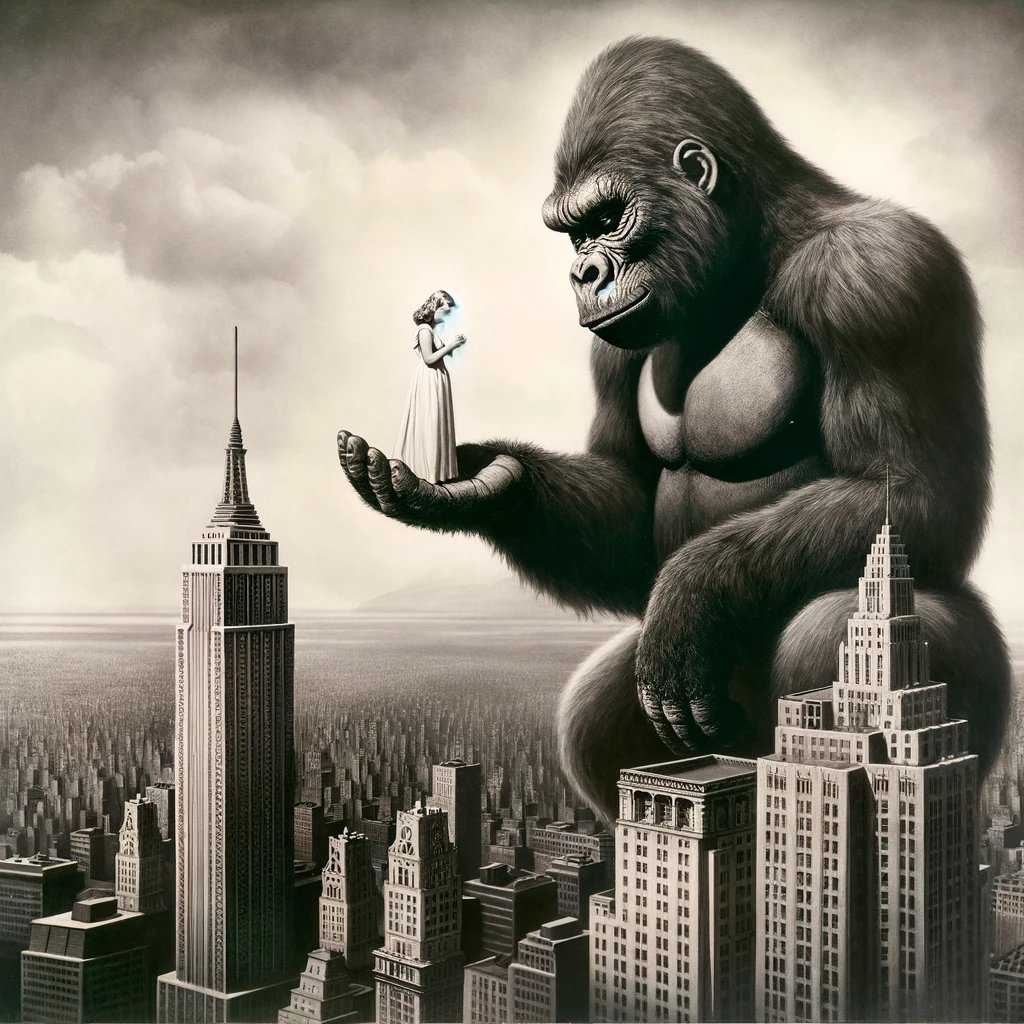 siogeneinc's tweet photo. In the palm of a giant: A striking scene where King Kong tenderly holds a petite, blonde woman atop a skyscraper. A breathtaking moment where size and gentleness collide against the city skyline. #KingKong #EpicMoment #GentleGiant https://t.co/t9s5zbP9di