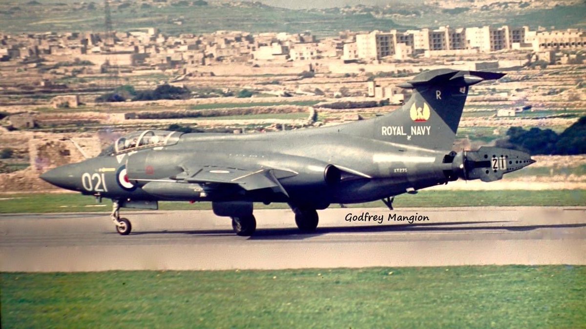 Blackburn Buccaneer S.2 XT275 021 from HMS Ark Royal slowing down after landing at Luqa Malta on 22nd February 1§973. A small white 'zap' is visible on fin base (Godfrey Mangion).