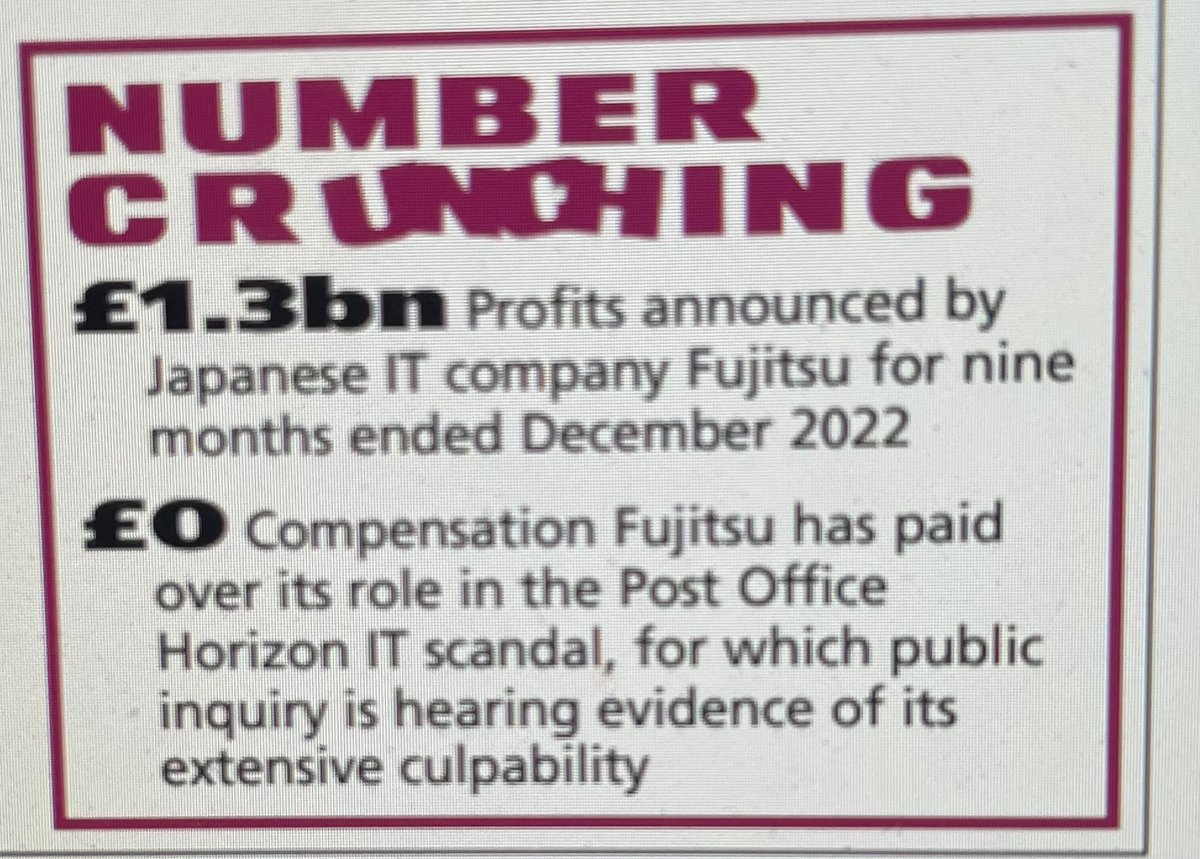 richard brooks (@rbrooks45) on Twitter photo As attention belatedly turns to Fujitsu’s role in the Post Office IT scandal and whether it - and not just the UK taxpayer - ought to cough up for compensation, a point <a href="/PrivateEyeNews/">Private Eye Magazine</a> made early last year - As attention belatedly turns to Fujitsu’s role in the Post Office IT scandal and whether it - and not just the UK taxpayer - ought to cough up for compensation, a point <a href="/PrivateEyeNews/">Private Eye Magazine</a> made early last year -
