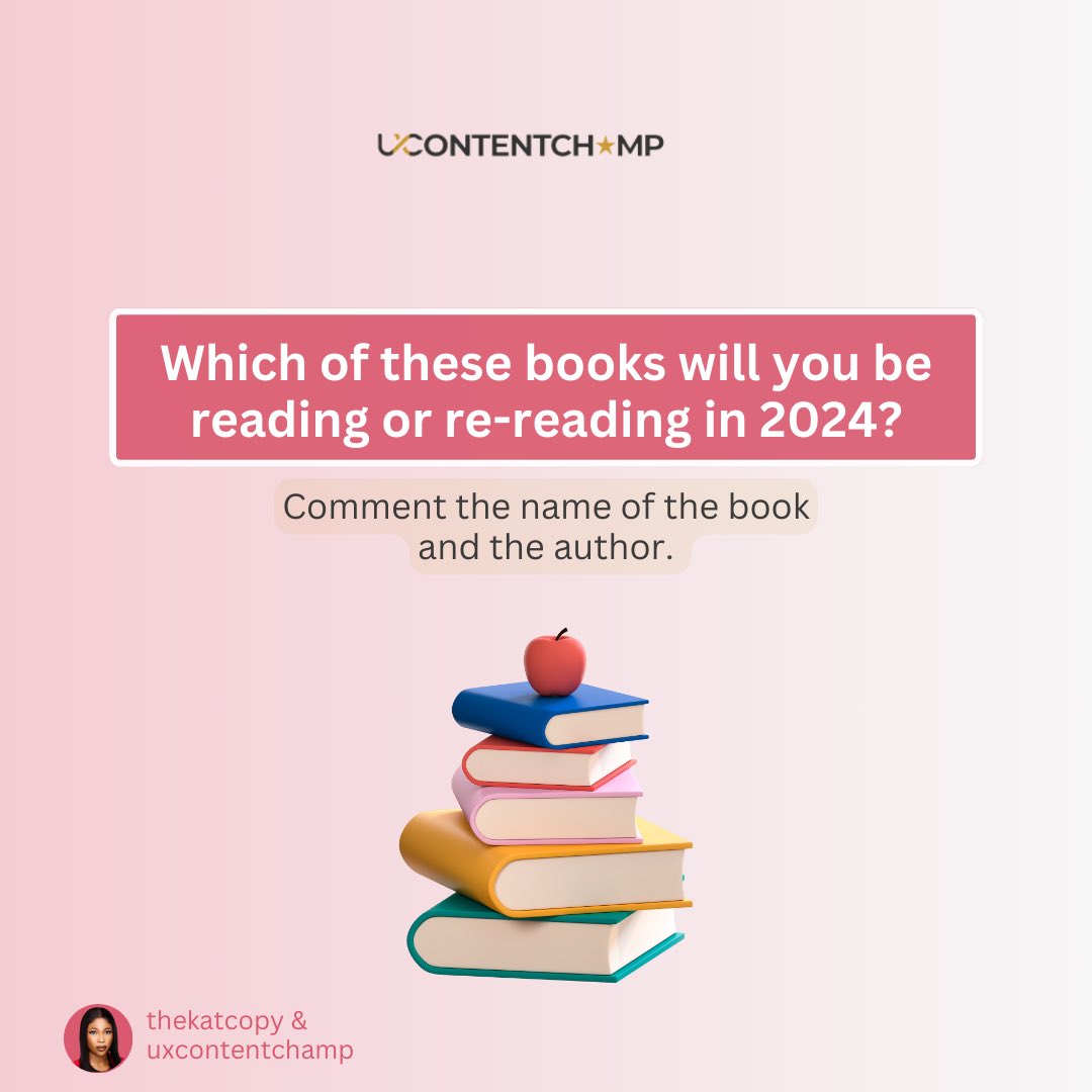 Recommend your top reads and share which picks from our list are igniting your content spark! ⚡️ 

#readersoftwitter #bookaddict #bookcommunity #bookclub #books #ilovebooks #uxwriters #writingbooks #writersbook #uxbooks #uxcontentchamp #uxcommunity #uxwriting #contentdesign