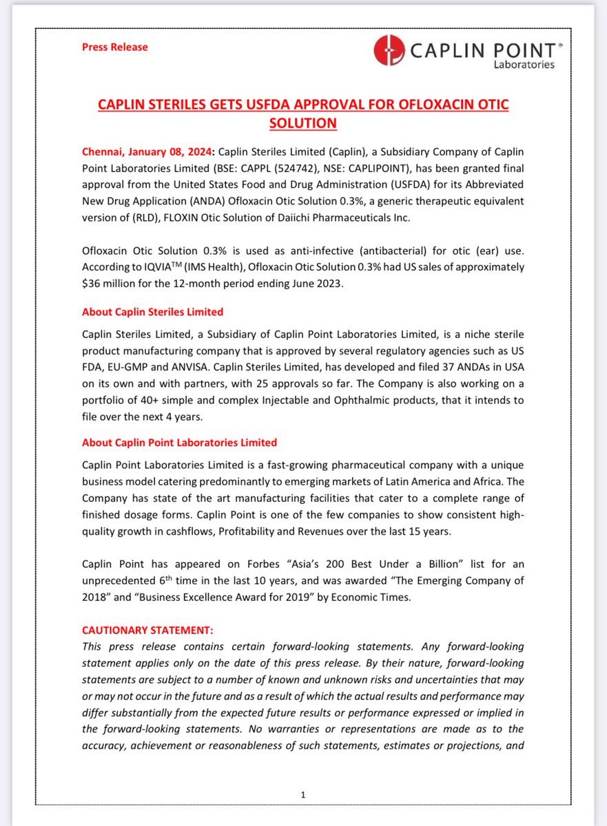 Caplin Point Laboratories press release regarding USFDA approval. ✅

#caplin #caplinpointlaboratories #caplinpoint #pharma #nifty50