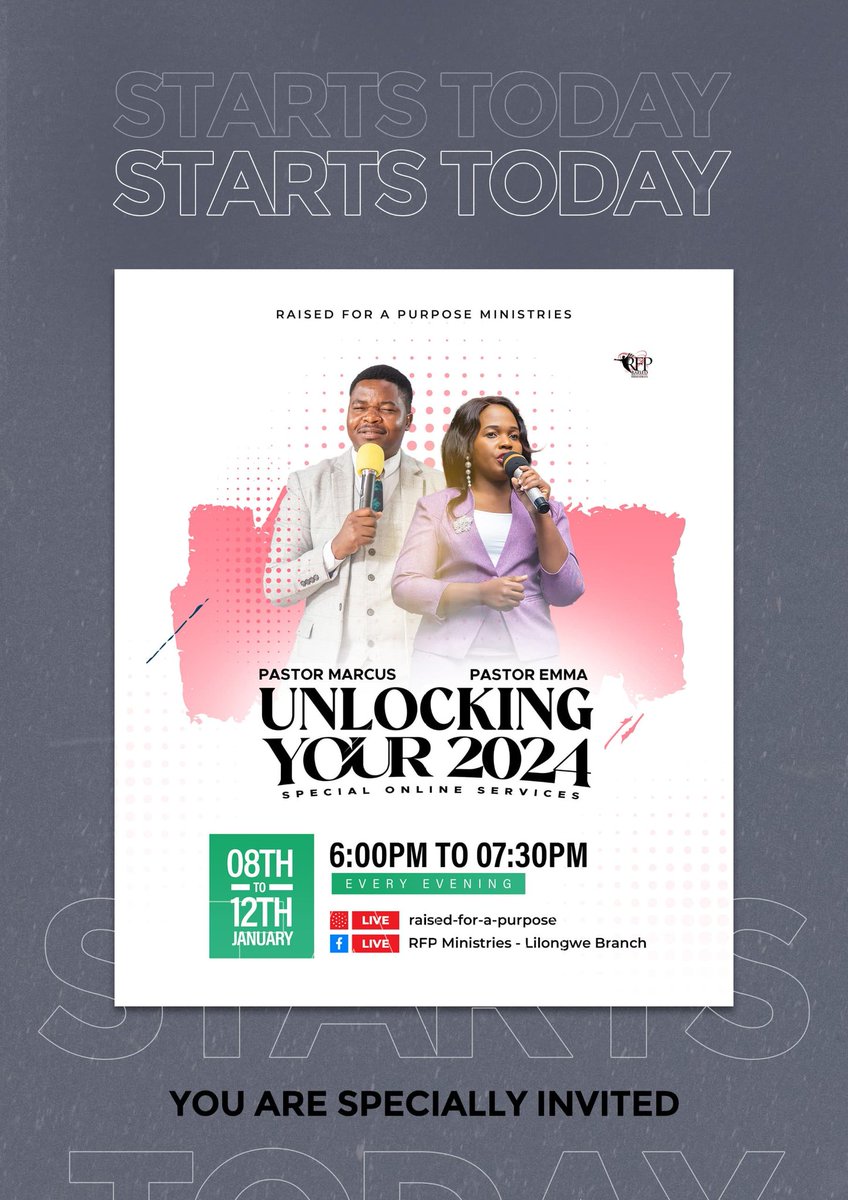 RFPMinistries's tweet photo. ποΈ Join Pastor Emma and Pastor Marcus in the week-long program, "Unlocking Your 2024" starting tonight! π
Don't miss out on this transformative experience from 08-12 January, 06:00 pm - 07:30 pm via Mixlr and RFP Lilongwe Facebook page. π
#Unlock2024
#PastorEmma
#PastorMarcus https://t.co/IeY9wiPFw1