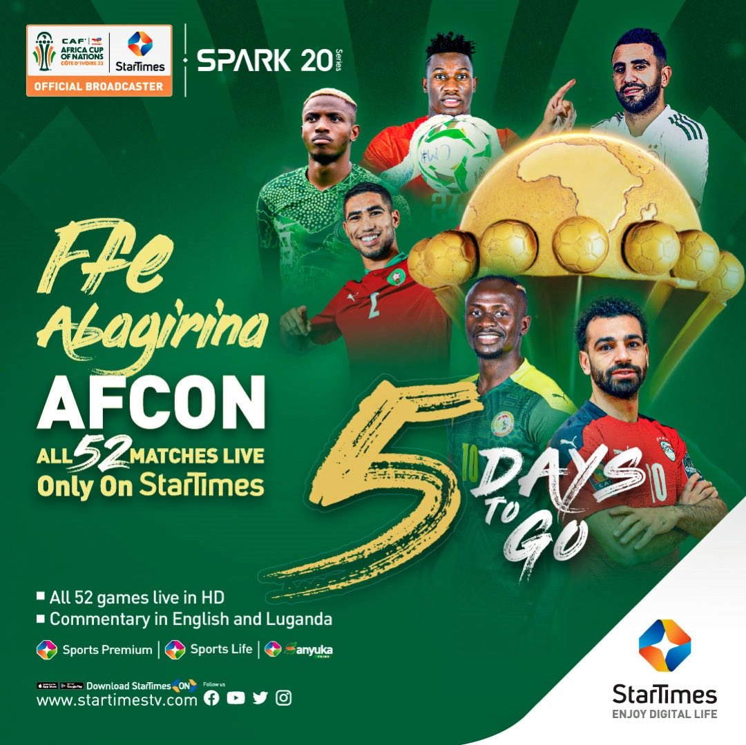 We are just 5️⃣ days away from the best of African football, AFCON 2023 starting this Saturday!!!!

Catch all the 52 games live only on StarTimes with the best commentary in English and Luganda.
#AFCONFfeAbagirina | #StarTimesUg | #StarTimesSports  | #AFCON2023
