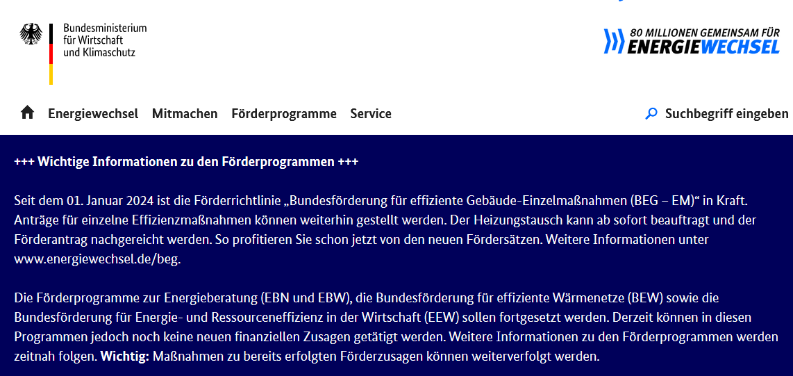 Aktuelle Informationen des #Bundesministerium für #Wirtschaft und #Klimaschutz zum Start der neuen #BEG-Förderung seit 01.01. 2024: Anträge für #Effizienzmaßmahnen können gestellt werden. 
Energieberatung weiterhin Stopp: #EBN, #EBW, 
ebenso  #EEW #BEW
energiewechsel.de/KAENEF/Redakti…