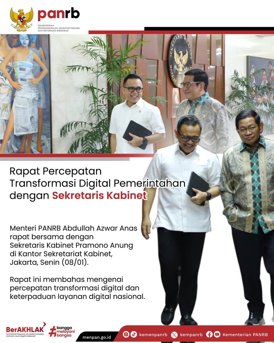 kempanrb's tweet photo. Transformasi digital pemerintahan terus dipercepat. Hari ini, Menteri PANRB Azwar Anas bertemu dengan Sekretaris Kabinet Pramono Anung untuk membahas percepatan itu.
__
#KemenPANRB
#SPBE
#GovTechIndonesia https://t.co/UaQzSFpanz