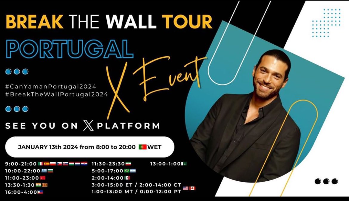 📌🇵🇹 X Platform Event -
13/1/2024  8:00 to 20:00 (🇵🇹time)

Portuguese fans of #CanYaman would like to invite all fans of Can Yaman from across the world here to X platform to an event to celebrate Can Yaman’s first visit to Portugal with his association #CanYamanForChildren 

The