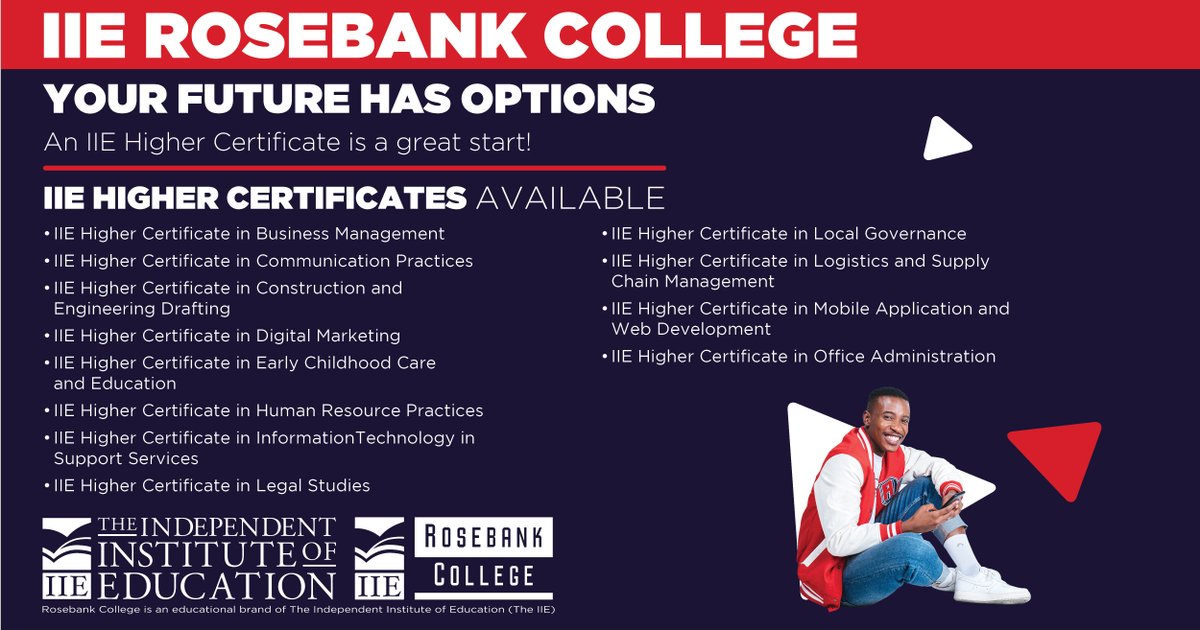 Rosebank_Int's tweet photo. Take your career to the next level with IIE Rosebank College! Apply for an IIE Higher Certificate by following this link https://t.co/JqAHTvFgPW. Your future has options. Choose IIE Rosebank College!
#IIERosebankCollege #Application2024 #ApplyToday https://t.co/GlIYYZvaSE