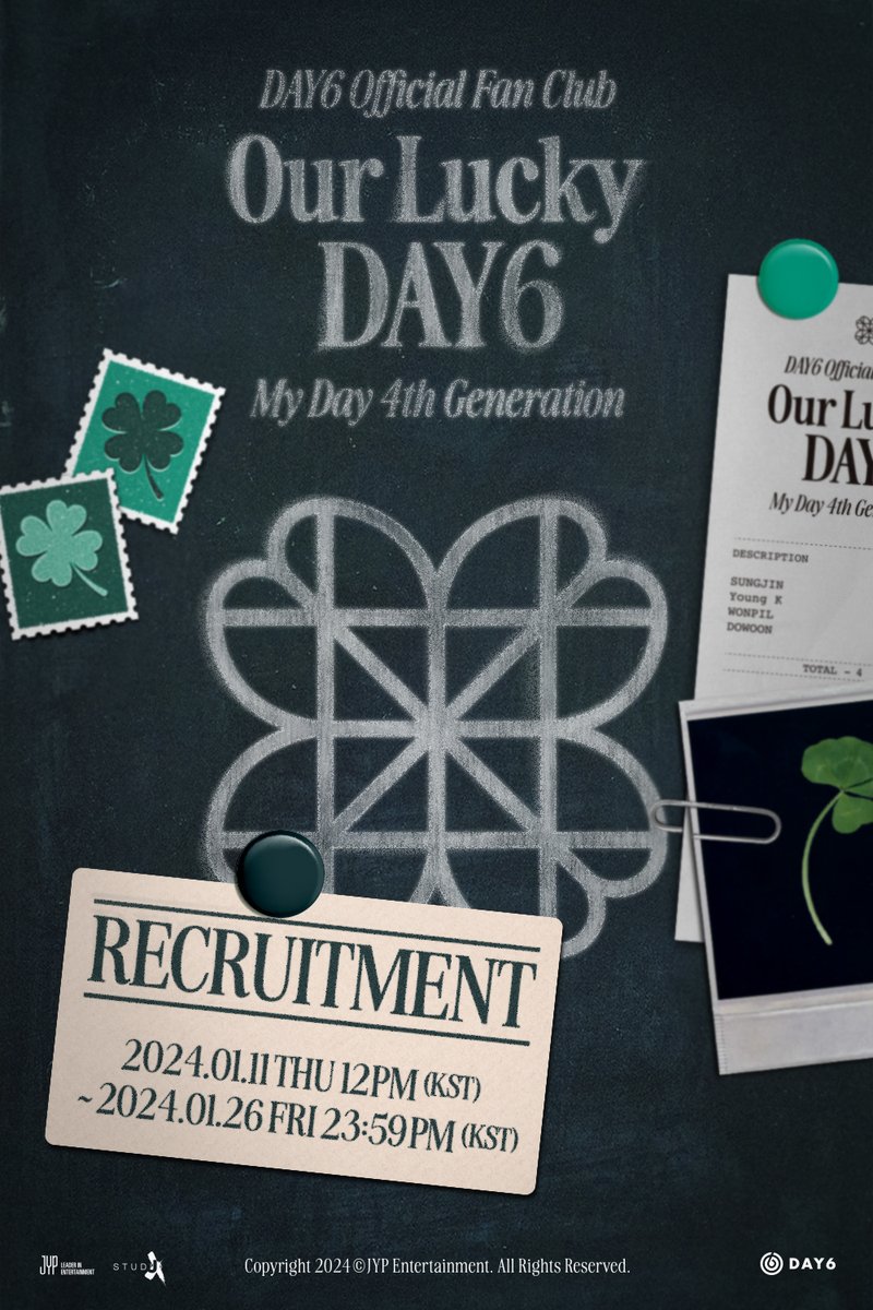 DAY6 Official Fanclub
My Day 4th Generation Recruitment

Our Lucky DAY6🍀

24.01.11 12PM ~ 24.01.26 23:59PM (KST)
@ YES24

#DAY6 #데이식스
#MyDay #MyDay4기 
#Our_Lucky_DAY6