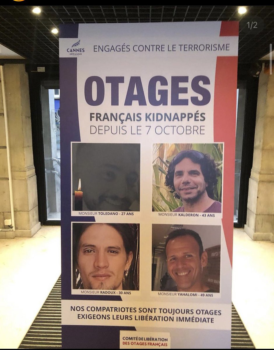 Bravo et merci à la @MairiedeCannes d’avoir affiché les visages des otages français kidnappés depuis le 7 octobre par le Hamas.
#BringThemHome 
#BringThemBack