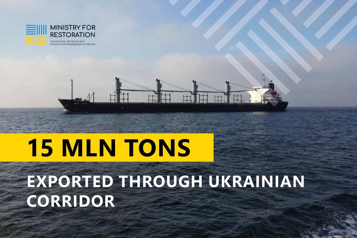 10 mln tons of agroproducts have been exported through #Ukrainian_corridor since August 2023. Total cargo export is 15 mln tons. 

During the 5 months 469 new vessels entered Black Sea ports for loading. Currently 39 vessels are loaded in the ports of Odesa, Chornomorsk, and