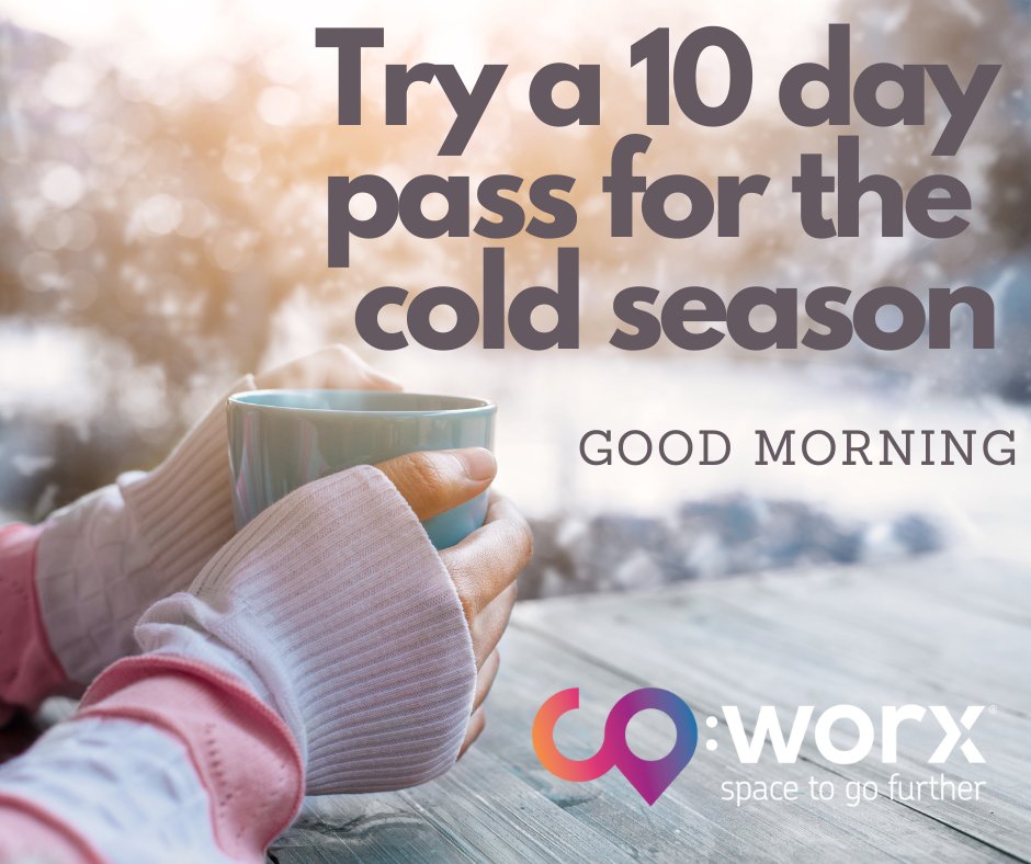 🥶It’s cold outside, try a 10 day hotdesk pass at CO:WORX it’s warm, lots of tea & coffee and really nice people.  Turn the heating off at home and join us, €149 (inc. VAT).
Use the 10 day pass Mon – Fri 9:00am – 5:30pm just call on 087 7083914 or email manager@coworx.ie