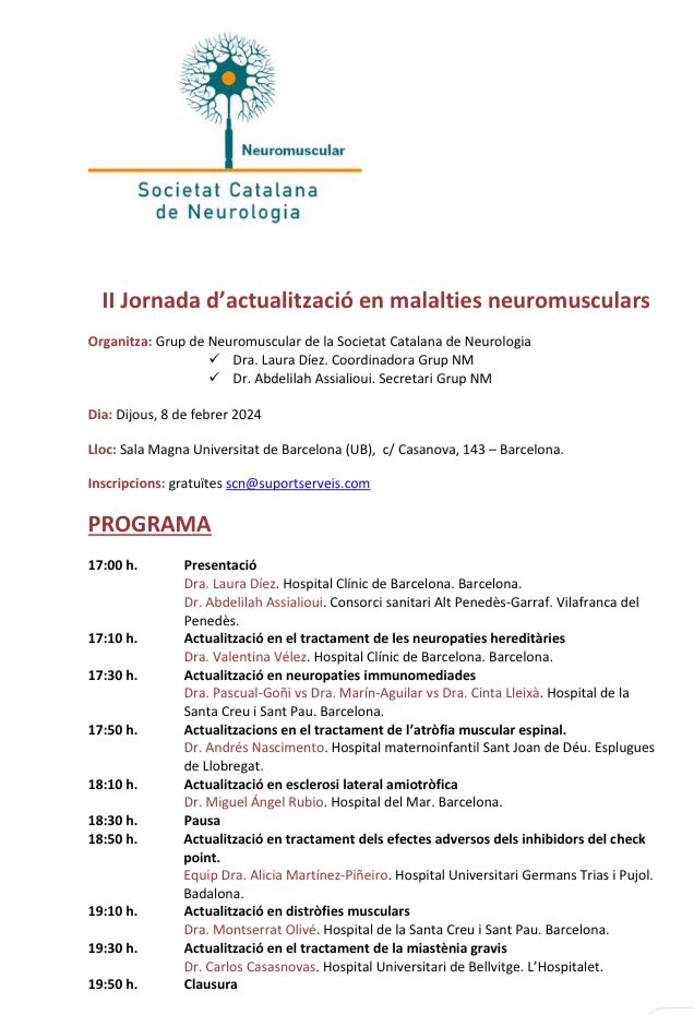 SCatalanaNeuro's tweet image. I comencem el nou any amb la II Jornada d’actualització en patologia neuromuscular el proper 8 de febrer!!! Animeu-vos! Les inscripcions són gratuïtes i la qualitat científica immillorable! @NeuromusculSCN @SCatalanaNeuro