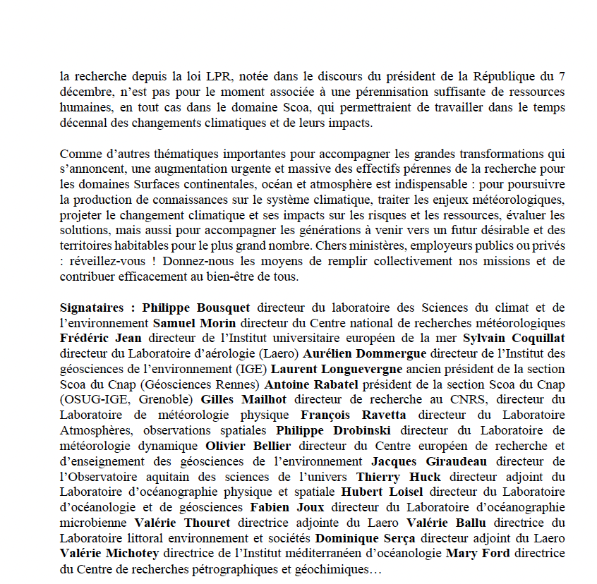 Voici le texte complet de la tribune @libe de plus de 30 directions de laboratoires de recherche, qui souligne que l’extrême faiblesse des effectifs et des recrutements d’enseignants-chercheurs spécialistes du changement climatique n’est pas à la hauteur des enjeux.