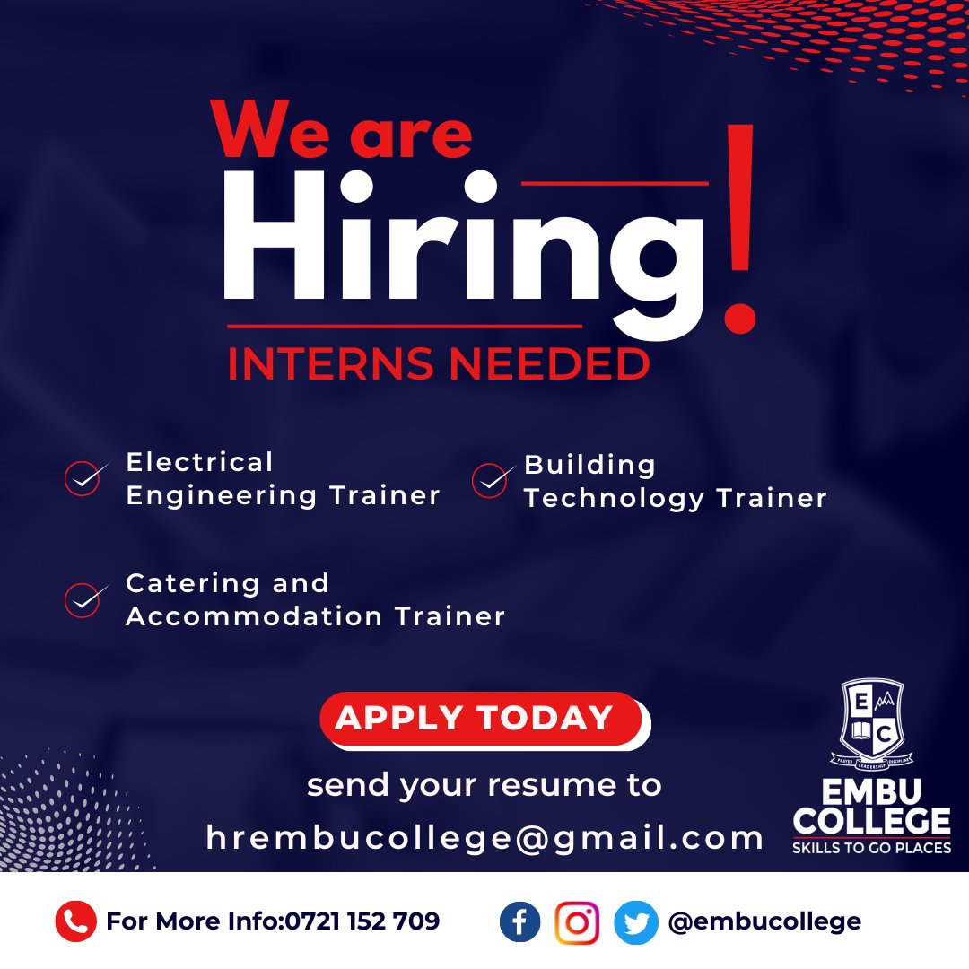 Calling all aspiring professionals! We're opening doors for interns who are ready to dive into the world of possibilities. If you're eager to gain valuable experience and make a real impact, apply now! #InternshipAlert #JoinOurTeam #karibuembucollege #skillstogoplaces