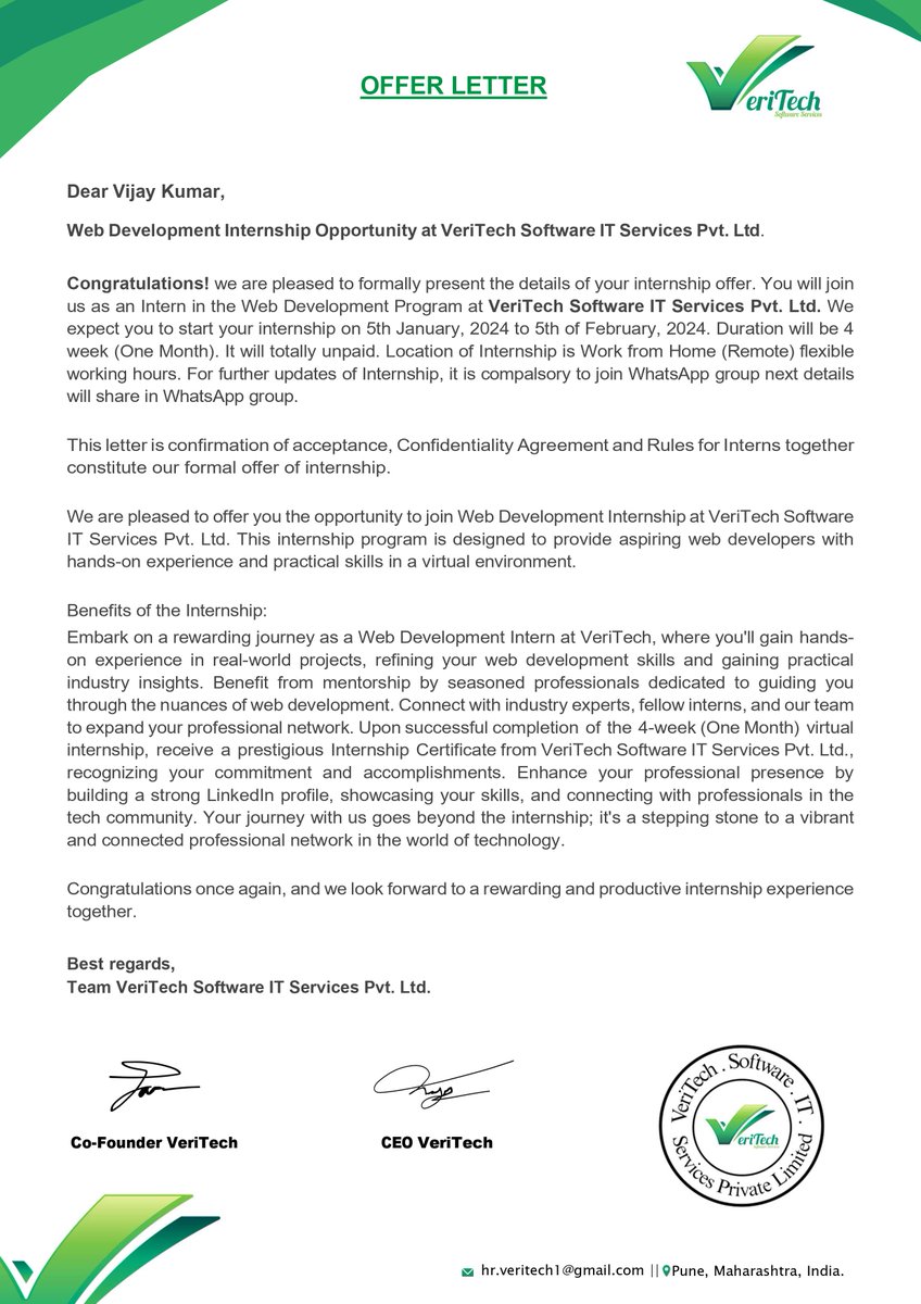 VijayM80199's tweet image. Excited to announce my internship with VeriTech Software IT Services Pvt. Ltd. as a Web Development Intern! 🌐✨ Grateful for the opportunity to grow, learn, and contribute to cutting-edge projects. Looking forward to working with brilliant minds.  #WebDevIntern #TechJourney 🚀