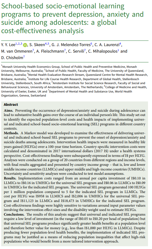 This WHO-funded study comprised an economic model which found that universal and indicated school-based socio-emotional learning programs require a low level of investment and can potentially produce substantive health benefits at the population level 
bit.ly/4aYWnDk