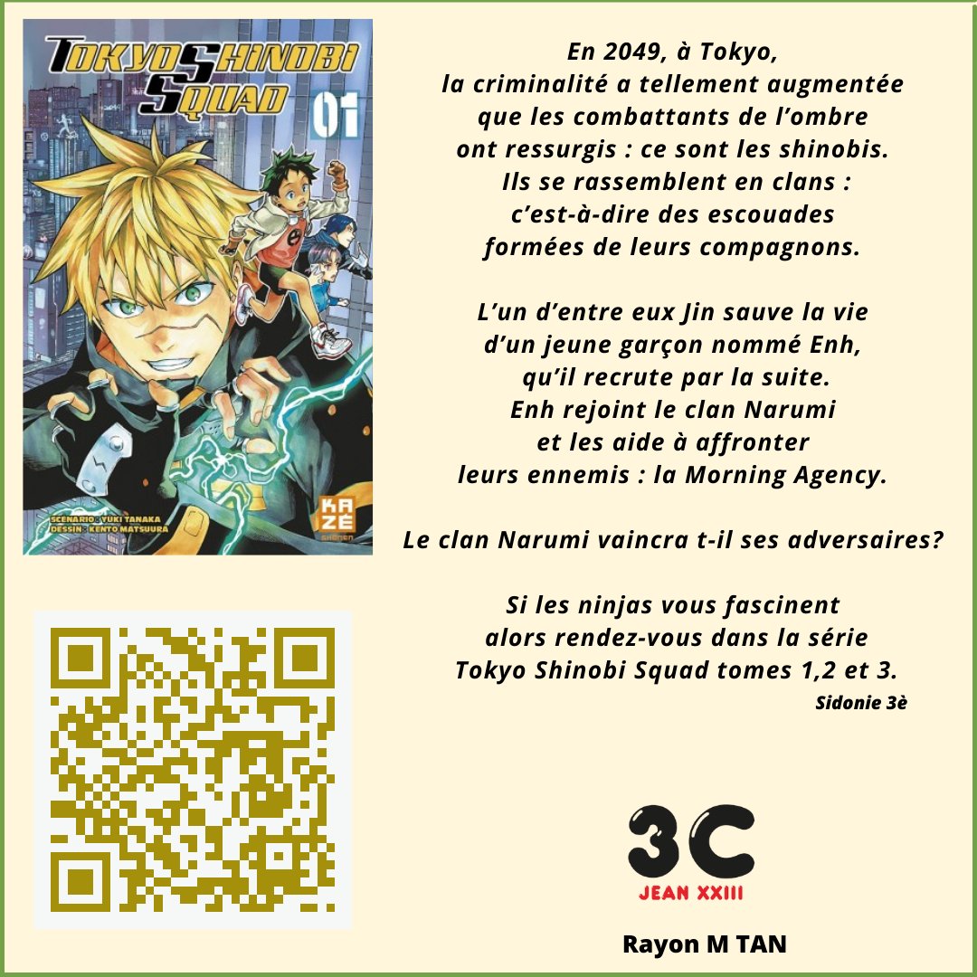 cdijean23's tweet photo. #VendrediLecture au 3C
@JeanXXIIIMetz

Tokyo Shinobi Squad @KazeFrance, le manga qui a passionné Sidonie élève de 3è

A découvrir et emprunter au 3C   #profdoc https://t.co/facFrrTuNg