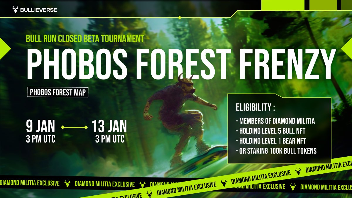 🚀 The Phobos Forest Frenzy Awaits! 🌳 🏁 Tomorrow, Jan 9th, Diamond Militia and $Bull holders get exclusive early access to Bull Run! Join our thrilling mobile game tournament here : app.bullieverse.com/games/bullrun/… 💰 Prize: Grab your share of 100,000 $RUSH airdrop points! 📲…