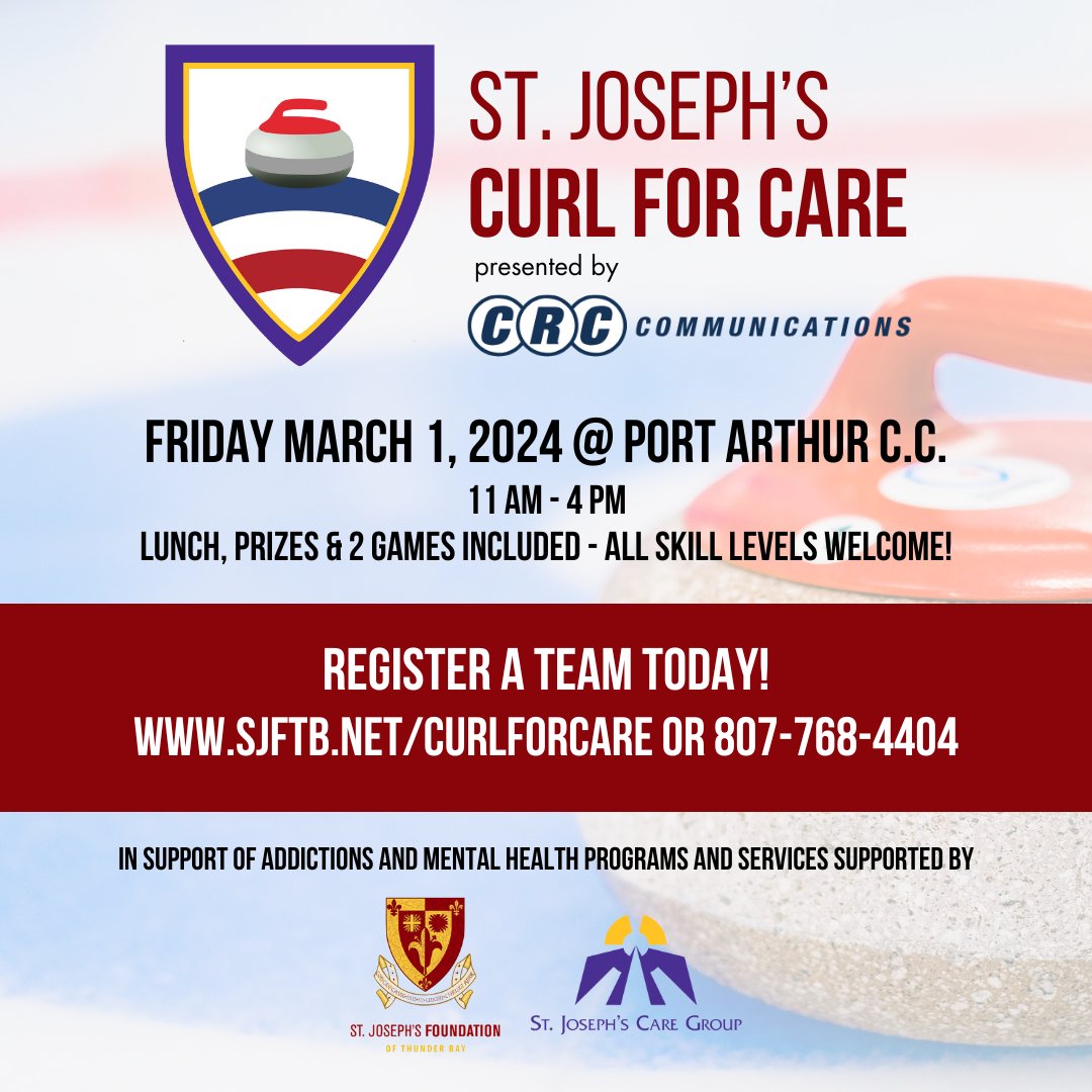 SJFTB's tweet photo. St. Joseph's Curl for Care 2024 presented by CRC Communications is on March 1st at the Port Arthur Curling Centre!  Come for a fun afternoon of curling and networking while supporting a great cause!  FInd out more at https://t.co/BE8CrTmIt1 https://t.co/qB7no23n7J