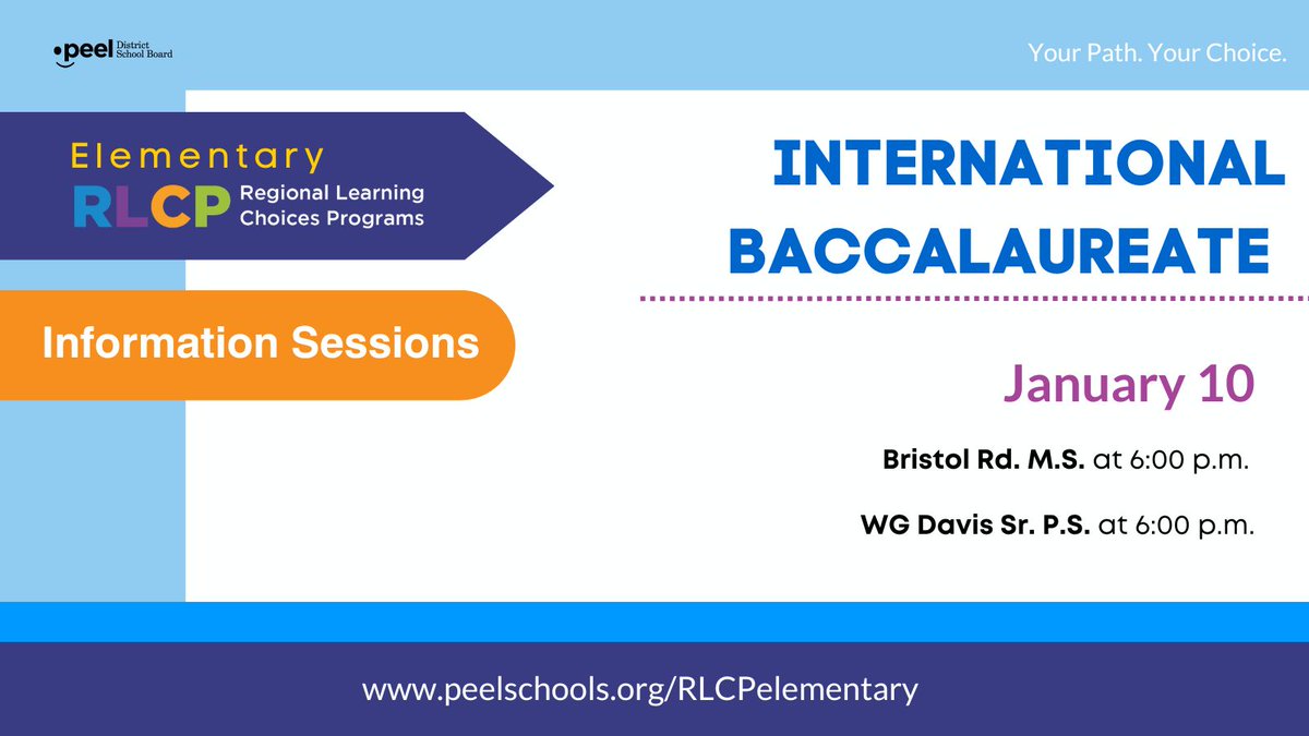 Join us for the International Baccalaureate Regional Learning Choices Program Information Night on January 10 at: Bristol Rd. MS (HYBRID) at 6 p.m. WG Davis Sr. P.S. (HYBRID) at 6 p.m. Learn more: peelschools.org/elementary-reg… @bristolrms