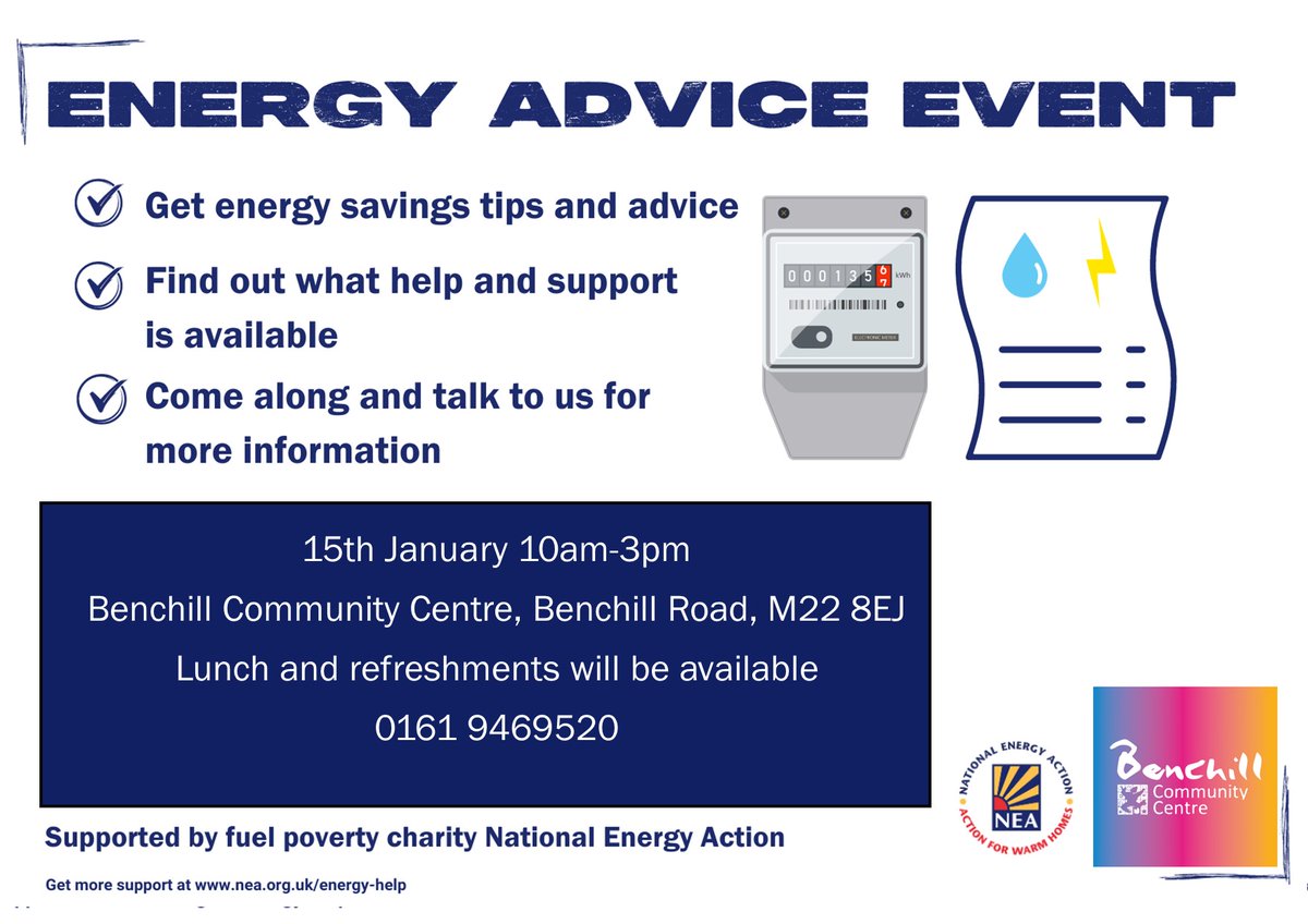 Winter is on its way and we are hosting a drop in Energy Advice Event next Monday 15th January from 10am-3pm. We will also have advice on Financial Inclusion, Well Being, Age Friendly Wythenshawe and more. Refreshments will be available throughout the day