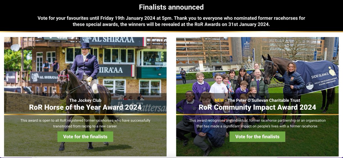 Congratulations to the finalists for the Sir Peter O’Sullevan RoR Community Impact & @TheJockeyClub RoR Horse of the Year Awards! 🌟 Explore heartwarming partnerships & stellar career transitions. Cast your vote for favourites at 🗳️ ror-events.org.uk