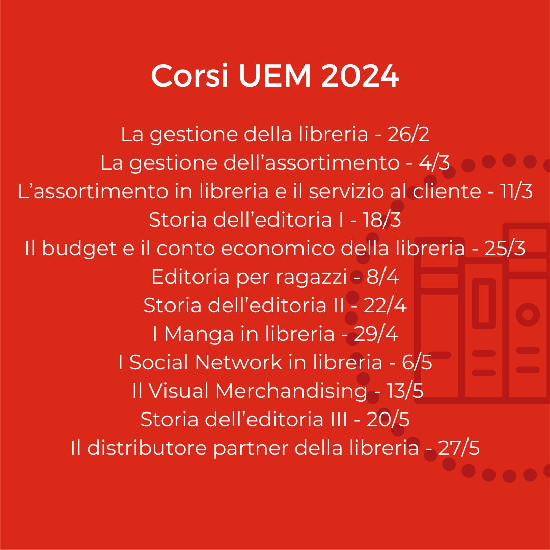 #ScuolaLibraiUEM
#CorsiUEM
#CorsiUEM2024
L'anno nuovo porta il nuovo calendario!
Sono aperte la iscrizioni, basta cliccare qui scuolalibraiuem.it/iscrizione-cor…
Per qualsiasi domanda: info@fondazionemauri.it
Per Librai e non, appassionati lettori, curiosi della vita. Vi aspettiamo!