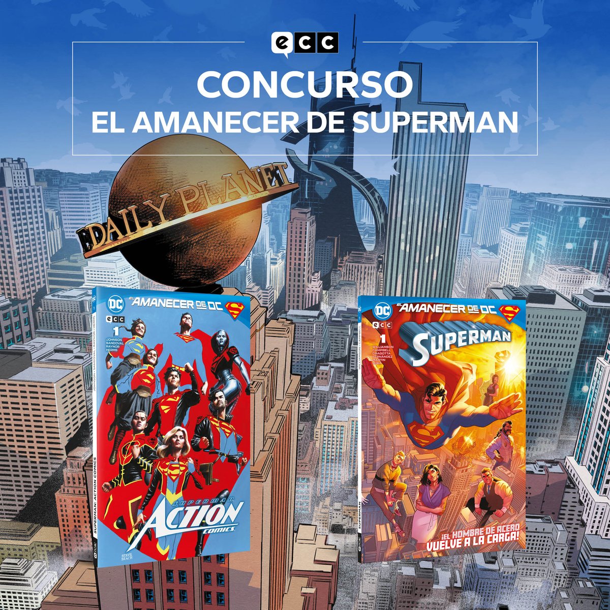 ¡Concurso #ElAmanecerDeSupermanECC! Podéis ganar un pack formado por los nuevos números 1 de Superman y Superman: Action Comics. ¿Cómo participar? Muy sencillo:

1. Sigue a <a href="/eccediciones/">ECC Ediciones</a>
2. Haz RT a este tweet.
3. Responde: ¿Cuál es tu momento favorito de la historia de Superman?